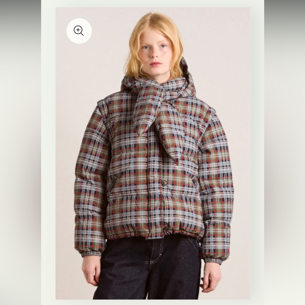 Plaid Puffer Bomber Jacket with Scarf Hood - Brown/Gray - Picture 3 of 16
